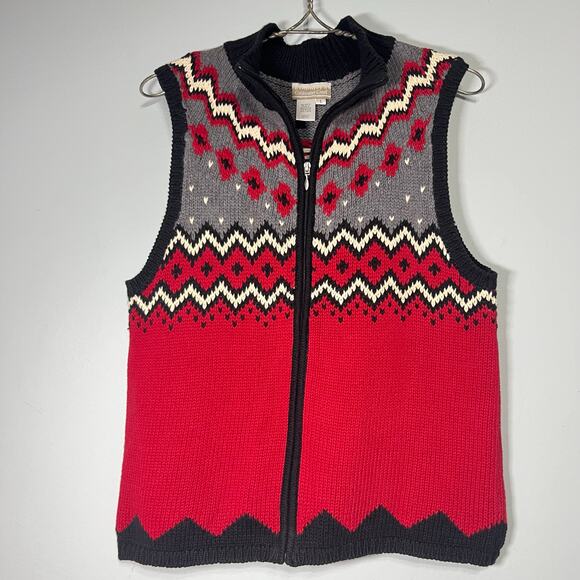Coldwater Creek Size Large Navajo Design Sweater Vest Black Red Gray Zip Front - Picture 1 of 11